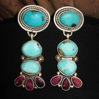 Navajo Stunning Earrings - Lovely Dangling Blue Turquoise,  Spiny Oyster,  Bear Paw