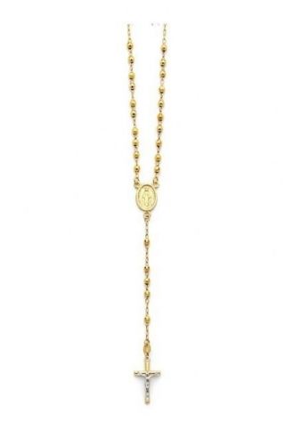14k Solid Yellow Gold 3mm Beads Rosary Necklace Virgin Mary Rosario Collar Oro
