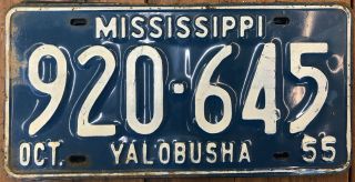 1 Antique Vintage 1955 Yalobusha Mississippi Car Tag License Plate Blue White