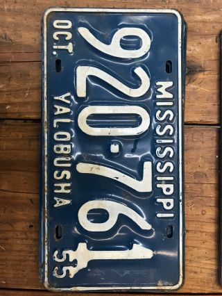 1 Antique Vintage 1955 Yalobusha Mississippi Car Tag License Plate Blue White 2