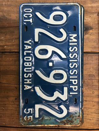 1 Antique Vintage 1955 Yalobusha Mississippi Car Tag License Plate Blue White 3