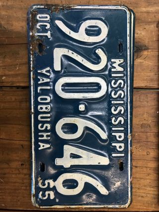 1 Antique Vintage 1955 Yalobusha Mississippi Car Tag License Plate Blue White 4