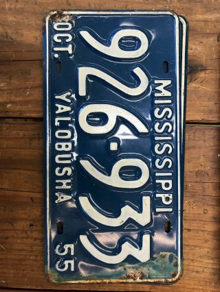 1 Antique Vintage 1955 Yalobusha Mississippi Car Tag License Plate Blue White 5