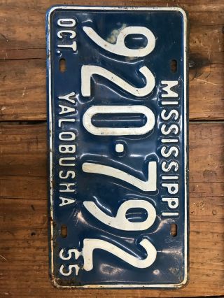 1 Antique Vintage 1955 Yalobusha Mississippi Car Tag License Plate Blue White 6