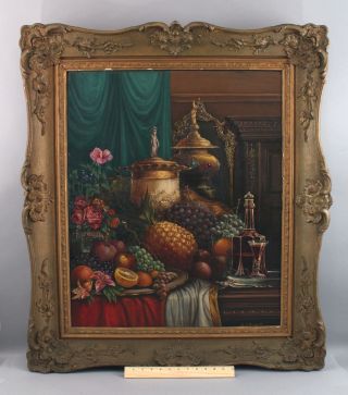 19thc Antique J.  G.  Novikoff Russian Still Life Oil Painting,  Fruit Flowers Wine