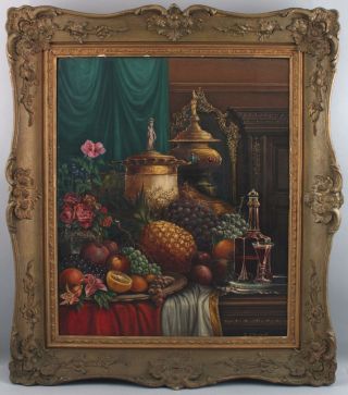 19thC Antique J.  G.  Novikoff Russian Still Life Oil Painting,  Fruit Flowers Wine 2