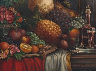 19thC Antique J.  G.  Novikoff Russian Still Life Oil Painting,  Fruit Flowers Wine 5