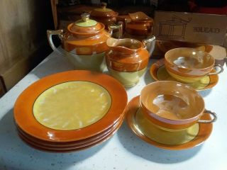 Vintage Lusterware,  Cup And Saucers,  Dessert Plates And Creamer & Sugar W/lid,  M