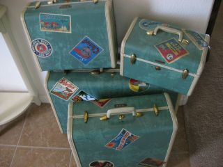 Vintage Samsonite Schwayder Bros 4 Piece Luggage Set Marbled Green & Retro Label
