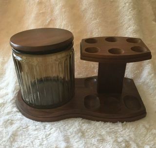 Vintage Smoking Pipe Rack With Lid And Ribbed Amber Glass Jar