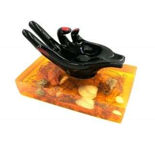 Mid Century Modern Acrylic Resin Inclusion Pin Tray Ceramic Hand Shell Seahorse
