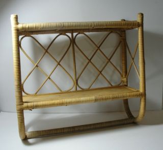 Vintage Mcm Rattan Wicker Bamboo 2 Tier Shelf Tiki Towel Rack 17 " X 17 " X 6.  5 "