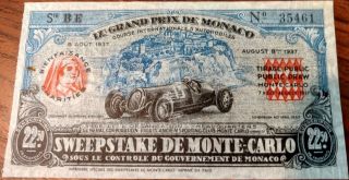 Monaco 1937 Monte Carlo Lottery Ticket Ix Grand Prix 22,  5 Francs Car Formula 1