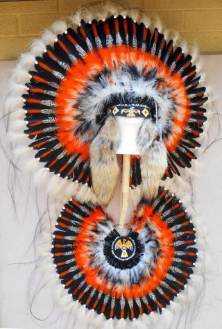 Native American Navajo Indian " Thunderbird " Headdress And Bustle 36 "