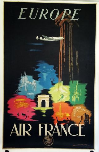 Vintage Travel Airline Poster Air France Europe Edmond Maurus - Linen