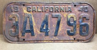 Rare 1940 (california 3 A 4796) License Plate - Vintage