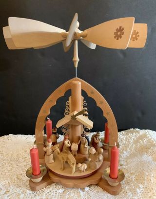 Vintage Erzgebirge German Christmas Pyramid Candle Carousel Windmill Nativity