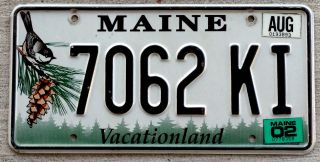 Maine " Chickadee And Pine - Cone " License Plate With A 2002 Sticker