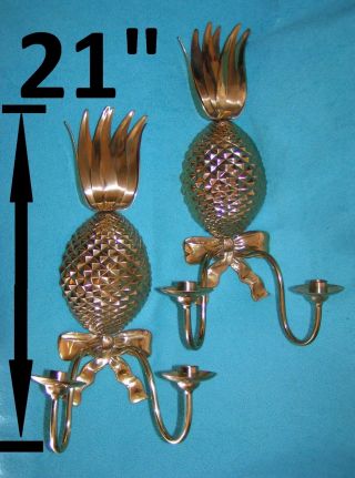 A Big Rare Pair Mid Century Ethan Allen Reflecting Brass Pineapple Wall Sconces