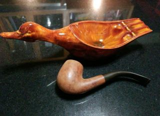 Vintage Imported Briar Curved Stem Tobacco Pipe 6 " W/cool Duck Pipe Ash Tray