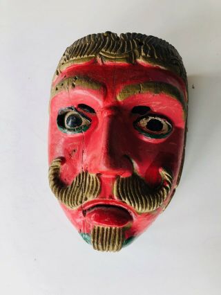 Fine: Antique,  Mexican,  Red face Man Danced Worn Authentic Ethnographic Mask 2