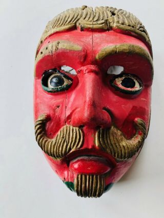 Fine: Antique,  Mexican,  Red face Man Danced Worn Authentic Ethnographic Mask 3
