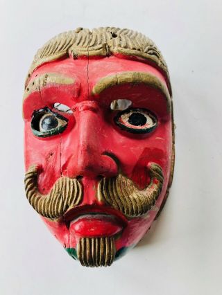 Fine: Antique,  Mexican,  Red face Man Danced Worn Authentic Ethnographic Mask 4
