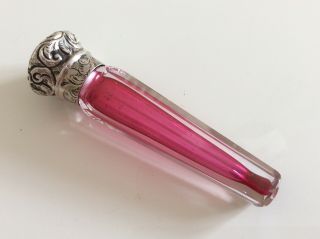 Antique Silver Cranberry Tapered Glass Perfume/scent Bottle Vgc.