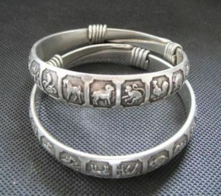 Old Handwork Miao Silver Carved Lucky Chinese Zodiac Adjust Bracelet Bangle
