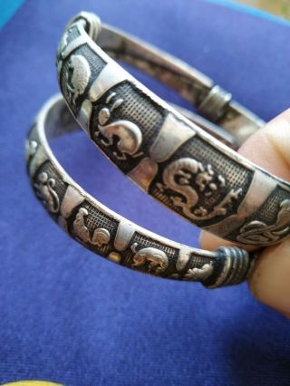 OLD HANDWORK MIAO SILVER CARVED LUCKY CHINESE ZODIAC ADJUST BRACELET BANGLE 2