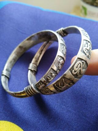 OLD HANDWORK MIAO SILVER CARVED LUCKY CHINESE ZODIAC ADJUST BRACELET BANGLE 3
