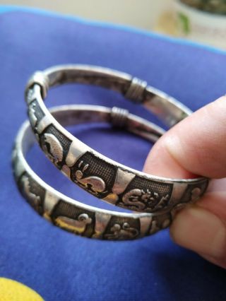 OLD HANDWORK MIAO SILVER CARVED LUCKY CHINESE ZODIAC ADJUST BRACELET BANGLE 5