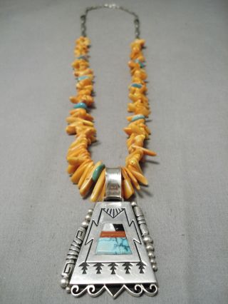 Important Vintage Navajo Al Yellowhorse Sterling Silver Turquoise Coral Necklace