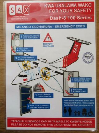 Flysax Dash 8 - 100 Airline Safety Card Laminated