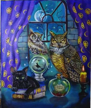 Large Halloween Witch Owl Black Cat Painting Pop Folk Art