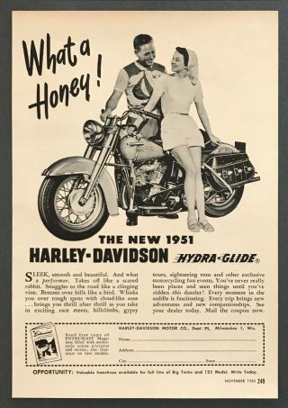 1951 Harley - Davidson Hydra - Glide Motorcycle Photo What A Honey Vintage Print Ad