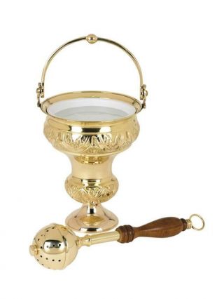 Stratford Chapel Brass Round Ornate Holy Water Pot With Sprinkler Set,  7 3/4inch