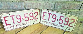 1973 Pair Missouri License Plates Et9 - 592 Red - White