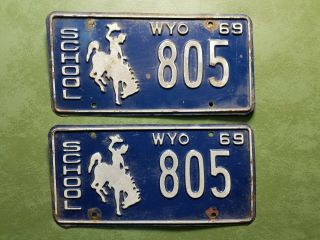 Matched Pair 1969 Wyoming School Bus License Plate 805 Bronco Cowboy