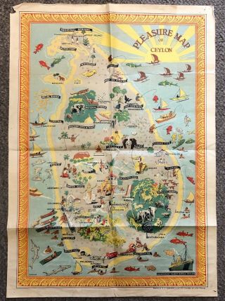 Vintage 1948 Pleasure Map Of Ceylon Colorful Pictorial Map By Saradias