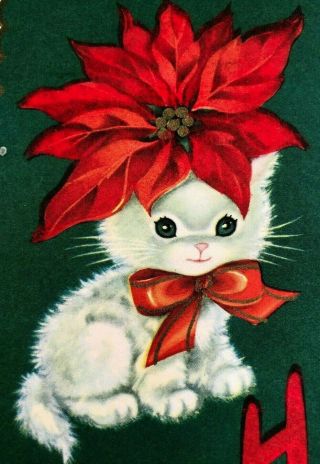 White Kitten Cat Red Flocked Poinsettia On Head Hi Christmas Vtg Card