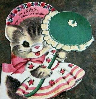Cooper ? Gray Kitten Cat Pink Dress Parasol Glitter Diecut Birthday Vtg Card