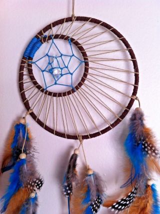 Cherokee Handmade 20 " Dream Catcher Turquoise,  Brown & Tan,  Wood Beads,  Feathers