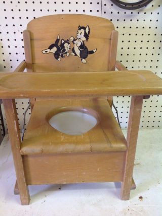 Rare Vintage Wooden Child’s Potty Chair W/cats Design Old