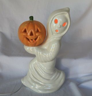 Vintage Ghost Halloween Jack O Lantern Ceramic Pumpkin Spooky Lights Up 12 " Tall