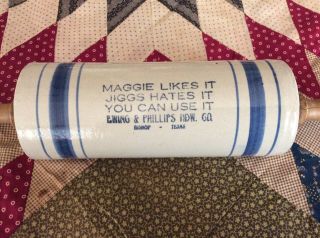 Antique Stoneware Advertising Rolling Pin Ewing & Phillips Hdw.  Co.  Bishop Texas