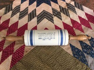 Antique Stoneware Advertising Rolling Pin Ewing & Phillips Hdw.  Co.  Bishop TEXAS 2