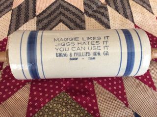Antique Stoneware Advertising Rolling Pin Ewing & Phillips Hdw.  Co.  Bishop TEXAS 3