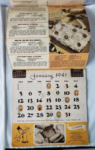 1941 Omar Toytown Paper Calendar Food Recipes Wwii Era Advertising Collectible