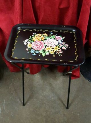 Old Stock 4 Vintage Tv Tray Tables Black With Bright Flowers Wow Mib